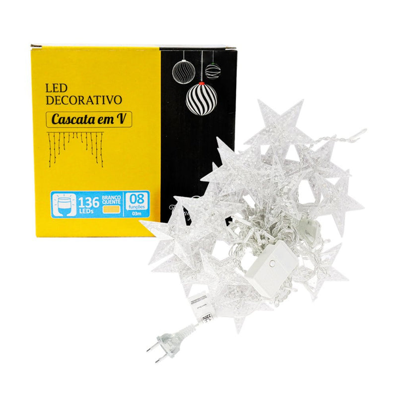 Cascata em V Estrela Natal 3 Metros 8 Funções 136 LEDs Branco Quente 220v