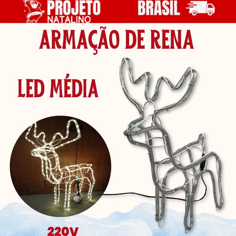 Armação Rena de Natal Macho de Led Média Decoração Natalina Luz Branca Fria - 220v