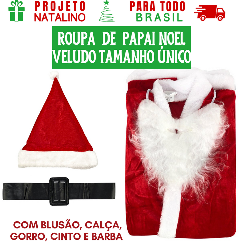 Roupa de Papai Noel Veludo Tamanho Único Com Blusão, Calça, Gorro, Cinto e Barba