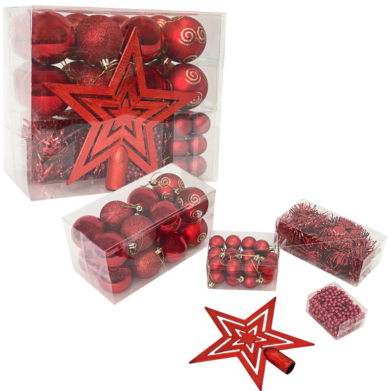 Kit com 44 Peças de Enfeite Natalino com Estrela, Bolinhas, Festão e Cordão de Pérolas - Vermelho