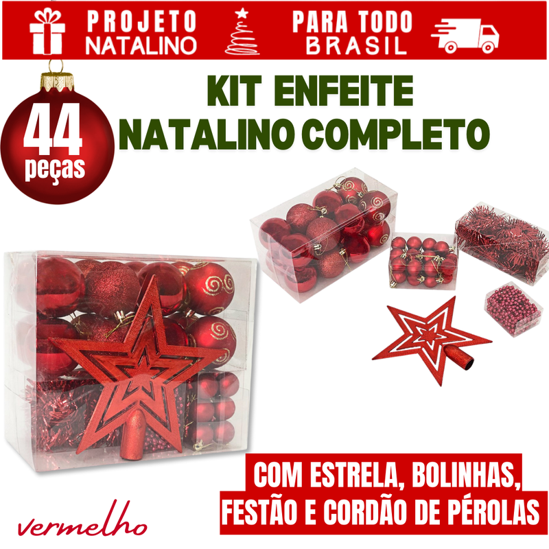 Kit com 44 Peças de Enfeite Natalino com Estrela, Bolinhas, Festão e Cordão de Pérolas - Vermelho