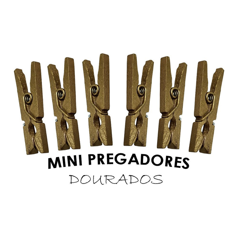 Kit 30 Mini Pregador Dourados Prendedor de Madeira para Fotos Artes